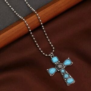 Turquoise Cross Pendant Necklace - Silver Tone Women’s Jewelry
